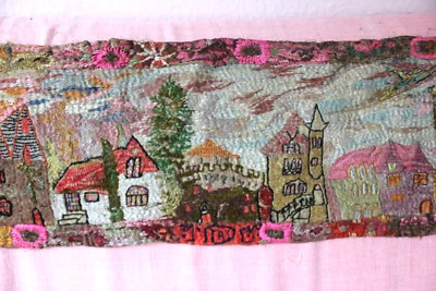 Grande broderie main sur tissu avec fils de soie, coton,... 1.40 m x 21.5 cm - Photo 1/4