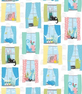 Feline Drive Fabric WHISKERS Cats in Windows White - Fat Quarter (18"x22) FQ - Picture 1 of 8