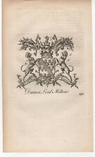 Antique Print 1768 - Coat Of Arms - Family Crest - Damer Lord Milton
