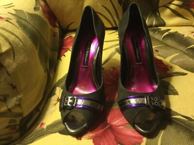 BEVERLY FELDMAN Gray suede Metallic Embellished Peep Toe Pumps Sz 8.5 - Image 1 of 4