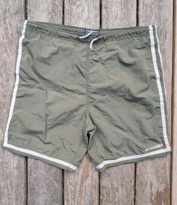 90s Abercrombie Swim Shorts Trunks Mens L Olive Green Stripe Drawstring Pockets - Image 1 of 4