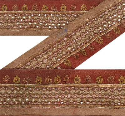 Sanskriti Vintage Sari Border Antique Hand Beaded 1 Yd Indian Trim Sewing Maroon - Image 1 of 4