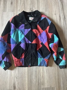 90s Adler Suede Leather Bomber Jacket Patch Quilt Square Triangles Woman M Men S - Bild 1 von 15