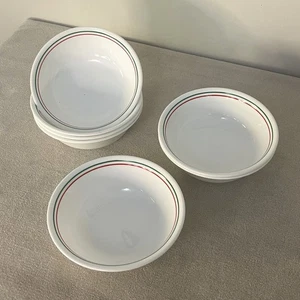 Corelle Set Of 7 White Cereal Soup Bowl Dishware With Red & Green Stripe Rim - Picture 1 of 4