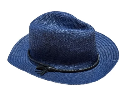 Banana Republic Nuevo con Etiquetas Azul Marino Sombrero de Paja Fedora Western Cuero Negro Cuerda Borla Foto 1 de 4