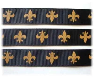 7/8 WHO DAT GOLD FLEUR DE LIS ON BLACK SAINTS GROSGRAIN RIBBON BY THE YARD - Picture 1 of 1