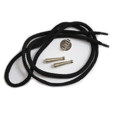 Bolo Tie Parts Kit Round Slide Textured Tips Black Cord Silver tone One Set - Image 1 of 4