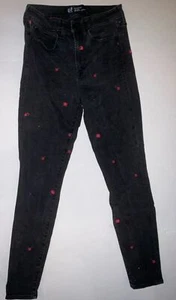 Gap Denim Black Universal High Rise Legging Jean Red Floral Embroidery Size 6 28 - Picture 1 of 5