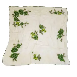 Vintage MCM Cabbage Rose Floral Scarf Green 30" x 30" - Picture 1 of 4