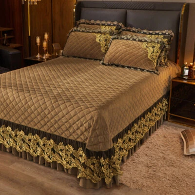 Luxury Lace Crystal Velvet Queen Size Bedspread Set Quilted Coverlet Thick Sheet - Image 1 of 4