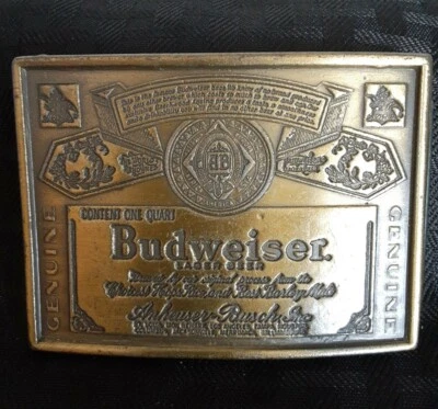 Vintage Budweiser Brass Belt Buckle The King Of Beers Logo Label  Anheuser-Busch - Image 1 of 2