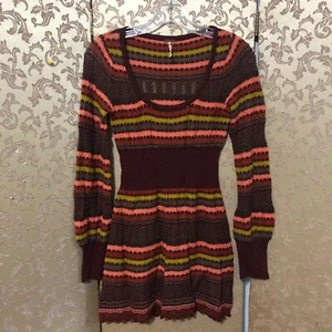 Free People Burgundy Red Green Multi-Color Striped Tunic Sweater Size XS - Picture 1 of 5