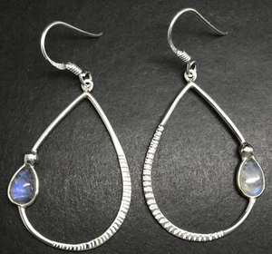 Rainbow moonstone pear drop earrings Solid Sterling Silver. New, 50mm length. - Picture 1 of 6