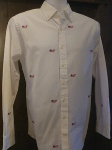 RARE 2016 Vineyard Vines LS Slim Murray Shirt 32 USA FLAG WHALE PATCHES Men M - Imagen 1 de 12