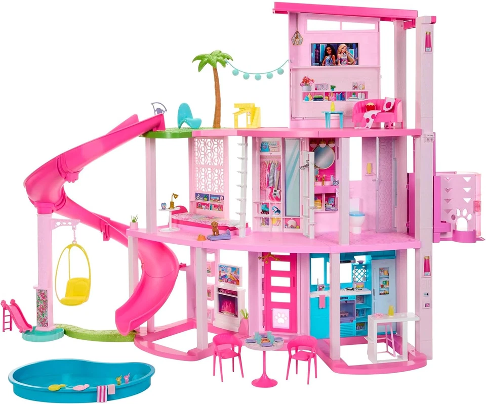 Barbie Dreamhouse Pool Party Doll House with 75 Pieces and 3-Story Slide B...