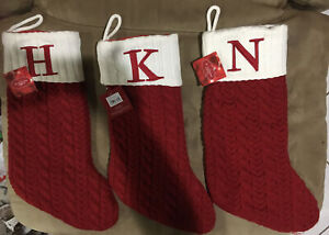 Premium St Nicholas Square Christmas Stocking Red Cable Knit Initial N & T 19"