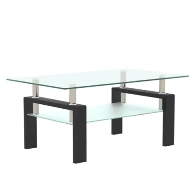 Modern Tempered Glass Coffee Table 2-Tier Clear Rectangle Side Table Metal Legs - Image 1 of 4