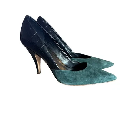 Zapatos de salón Elie Tahari Tatiana cuero negro verde gamuza talla 37,5 EE. UU. 7 1/2 tacones Foto 1 de 4