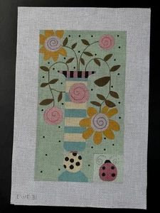 EWE & EYE Floral Vase with Ladybug Handpainted Needlepoint Canvas - Picture 1 of 1