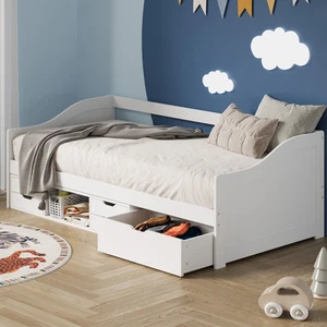 Oikiture Kids Bed Frame Single Daybed with Trundle Storage Drawers Timber White - Picture 1 of 7
