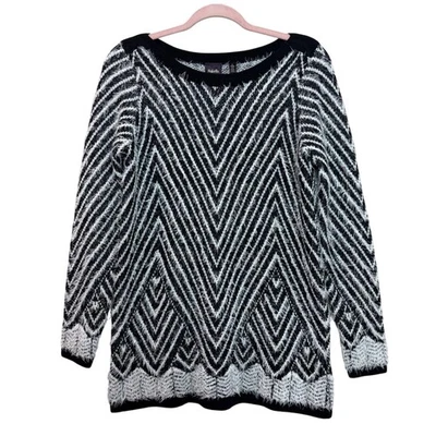 Rafaella 女式黑色白色雪佛龙模糊针织长袖毛衣上衣 S 码 — 第 1/4 张图片