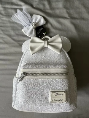 Mini mochila de boda Disney Loungefly Minnie Mouse lentejuelas blancas. Nuevo. Foto 1 de 3