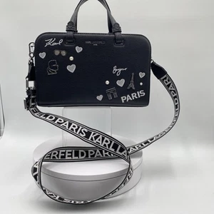 NWT Karl Lagerfeld Paris Maybelle Black & Silver Med. Satchel Handbag Crossbody - Picture 1 of 14