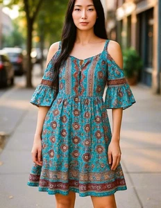 Vestido Lola P Mujer Pequeño Azul Boho Hombro Frío Manga Acampanada Boho Campesino - Imagen 1 de 16