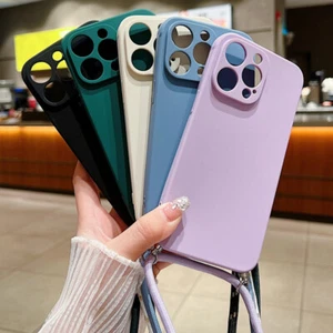 Funda lisa de silicona con correa de cordón para el cuello para iPhone 16 15 14 13 12 Pro Max 11 - Imagen 1 de 18
