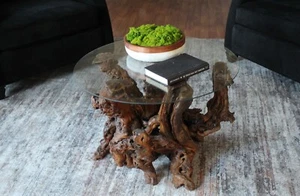 Vintage 1960s Driftwood Side Table – Organic Modern Style with Round Glass Top - Picture 1 of 12