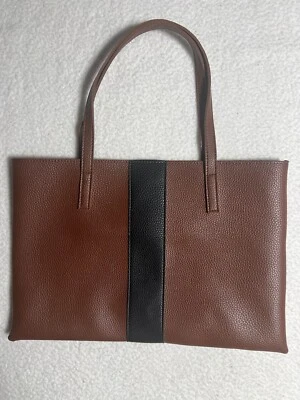 Vince Camuto Brown Black Stripe Vegan Leather Tote Laptop Bag Shopper Purse - Image 1 of 4