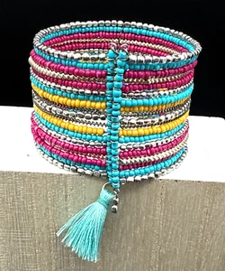 Pulsera Hecha a Mano 6.5" Ajustable Aqua Rojo Amarillo Semilla Cuentas Tejido Boho Puño Ancho - Imagen 1 de 5