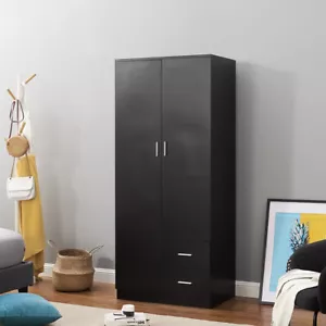 Bedroom Furniture 2 Door Wardrobe Matt Black Storage With Shelf Hanging Rail UK - Picture 1 of 12