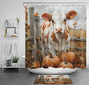 Orange Pumpkin and Animal Cow Farmhouse Shower Curtain Bathroom Accessories Set - Picture 1 of 23