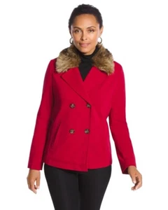 Chicos Faux Fur Red Pea Coat Jacket Cross Button Lined Long Sleeve, Size L - Picture 1 of 12