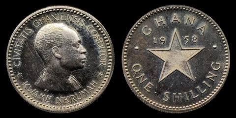 1958 Ghana 1 Shilling Proof Coin, Kwame Nkrumah, Star Outline Cover