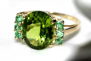 Peridot Gold Ring & Emeralds 9ct Gold 3.10g Designer Big Statement Ring P/8 HUGE - Picture 1 of 12
