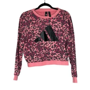 Adidas Pink Leopard Print Cropped Sweater Sweatshirt Pullover Top XS - Picture 1 of 8
