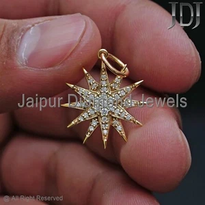 Genuine Diamond Solid 18k Yellow Gold Jewelry Unisex Starburst Charm Pendant - Picture 1 of 10