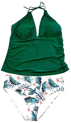 Yonique Tankini Swimsuit Womens 22W Halter V Neck Green Top Floral Bottom Beach - Image 1 of 4