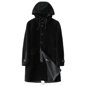 Men's Lambswool Shearling Fur All-in-one Mid-length Hooded Real Fur Coat Outwear - Picture 1 of 23