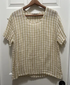 Flachs 100 % Leinen Top Damen weiß neutral hellbraun Fensterscheibe Gingham Karo - Bild 1 von 15