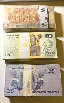 Egypt 3 Bundles 1 Pound 2021 P-71 50 Piastres 2017 P-70 25 Piastres P-57 300 Pcs - Image 1 of 3