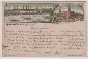 Hamburg LITHO Steindruck Vorläufer 1895 Pferdebahn Dampfer Ruderboot Neue Post R - Bild 1 von 4