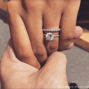 Natural Round Cut U-Pave Diamond Engagement Ring with Wedding Band - GIA Cert - Picture 1 of 2