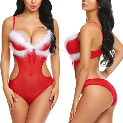 Womens Christmas Sexy Teddy Babydoll Santa Lace Lingerie One Piece Bodysuit Red - Image 1 of 4