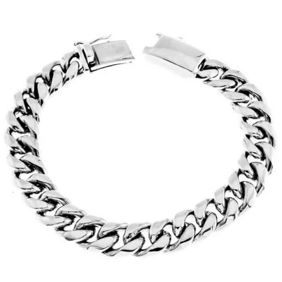 12mm Mens Wide Cuban Curb Chain 925 Sterling Silver Handmade Bracelet, 7-9.5" - Image 1 of 4