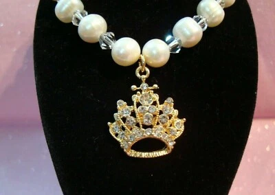 Freshwater REAL white pearls crystal gold crown pet neckwear cat dog necklace  - Image 1 of 4