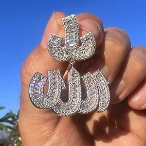 Allah Pendant Real 925 Sterling Silver Iced Flooded Out Baguette CZ Islam Muslim - Picture 1 of 7