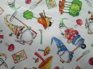 GNOMES GARDEN GNOME MUSHROOMS FOOD WHITE DIGITAL PRINTED COTTON FQ - Picture 1 of 5